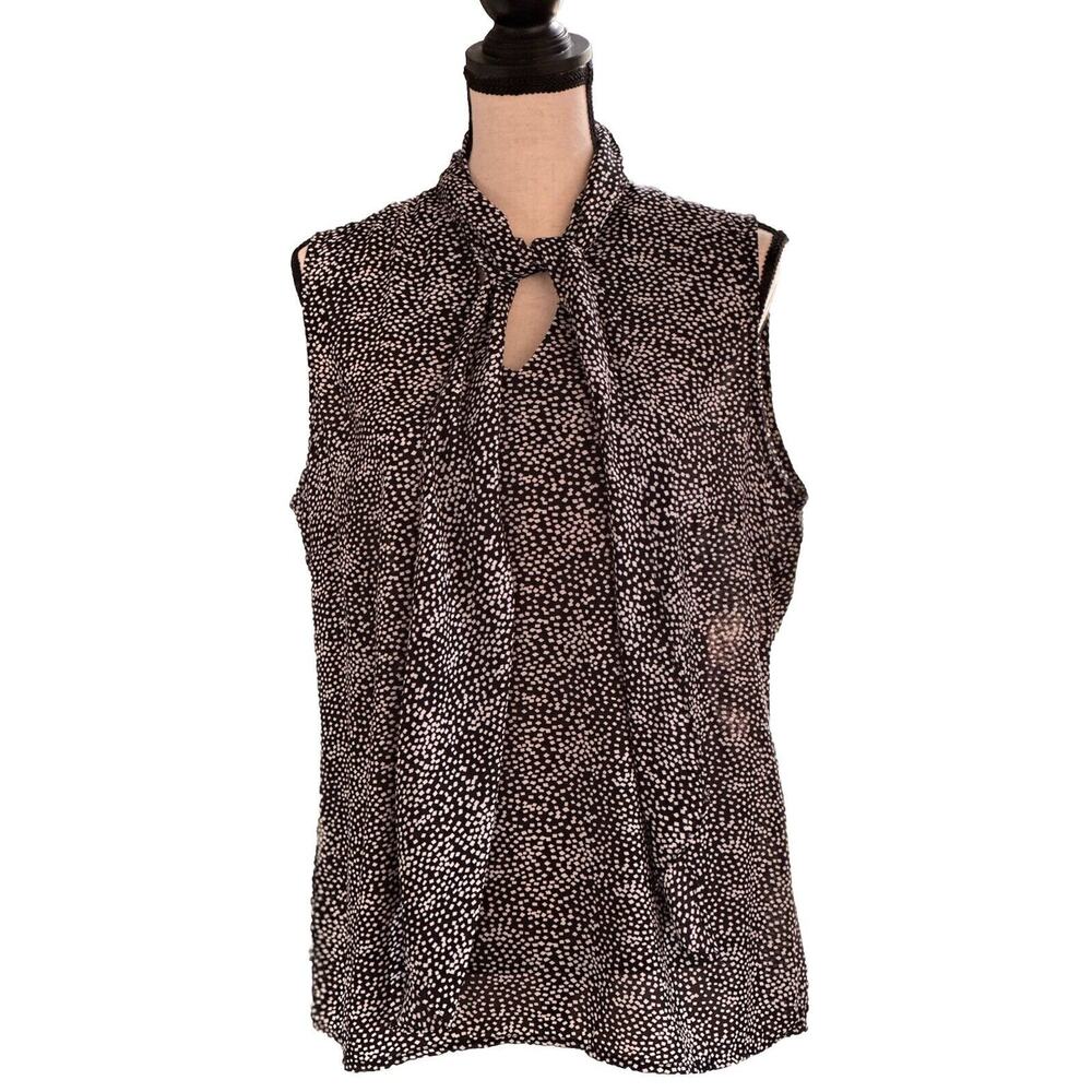 Milano Black white Sleeveless work Blouse Womens Tie Neck V Neck Top Size 12